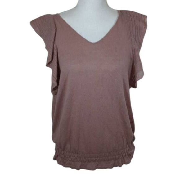 ANNE TAYLOR LOFT Mauve RUFFLE SWEATER BLOUSE Sz.LP EUC. - Picture 1 of 4
